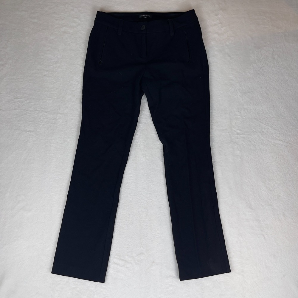 Eileen Fisher Pants Women's 4 Black‎ Comfort Mid Rise Flat Front Straight Leg